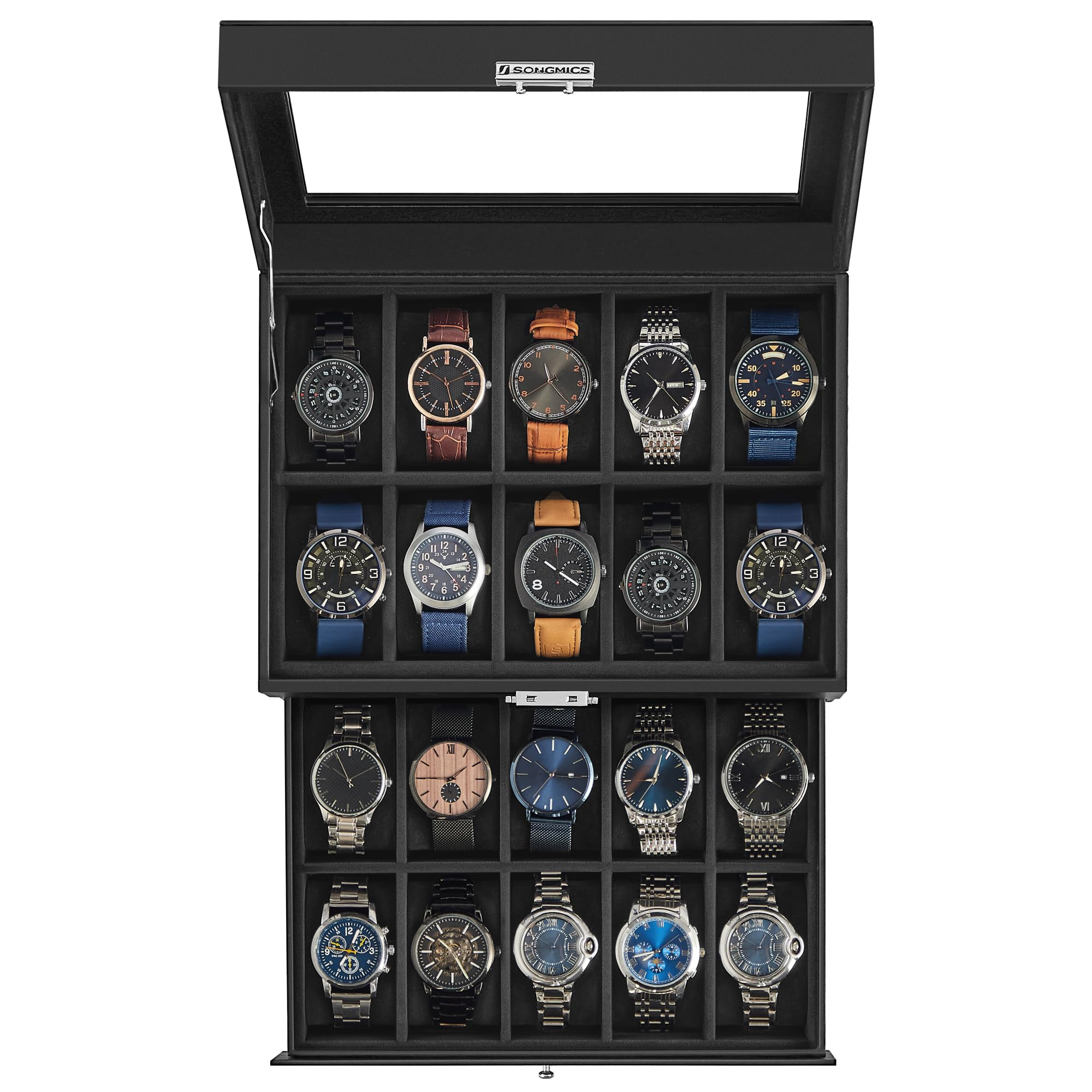 SONGMICS 20-Slot Watch Box, Watch Case with Glass Lid, 2 Layers, Lockable Watch Display Case, Bla... | Amazon (US)