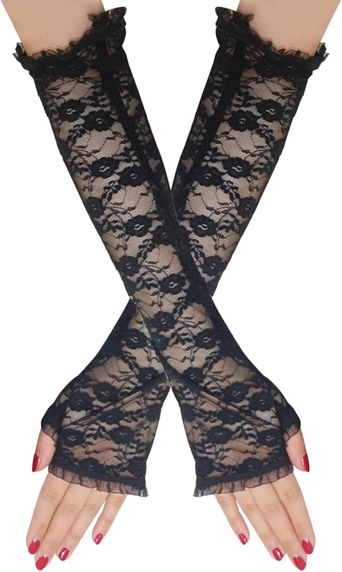 NUMJAW 1 Pairs Punk Gothic Long Fingerless Gloves Lace Arm Women's UV Protection Elbow Length Glo... | Amazon (US)