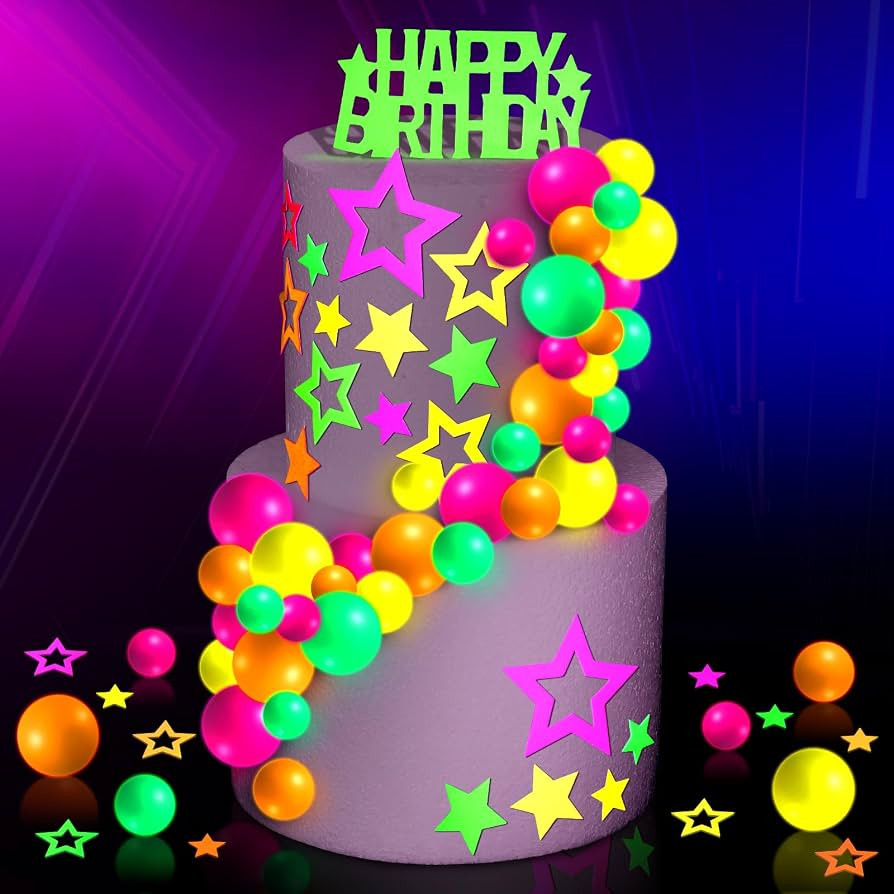57 Pcs Black Light Party Decorations Glow Cake Toppers Decorations Glow Paper UV Reactive for Neo... | Amazon (US)