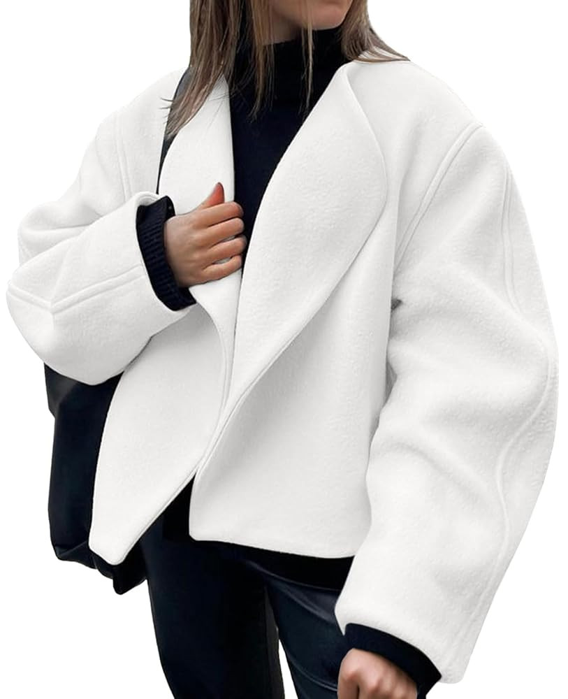 Tankaneo Womens Oversized Cropped Pea Coat Lapel Open Front Jacket Winter Short Outerwear | Amazon (US)