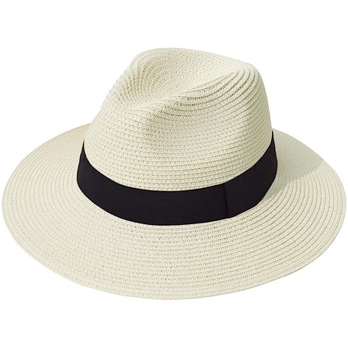 Lanzom Women Wide Brim Straw Panama Roll up Hat Fedora Beach Sun Hat UPF50+ | Amazon (US)