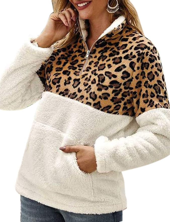 Blooming Jelly Womens Fleece Sherpa Sweatshirt Quarter Zipper Up Leopard Fuzzy Sweater with Pocke... | Amazon (US)