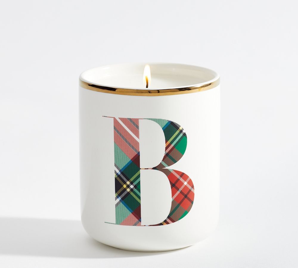 Stewart Plaid Alphabet Scented Candle - Winter Spruce | Pottery Barn (US)