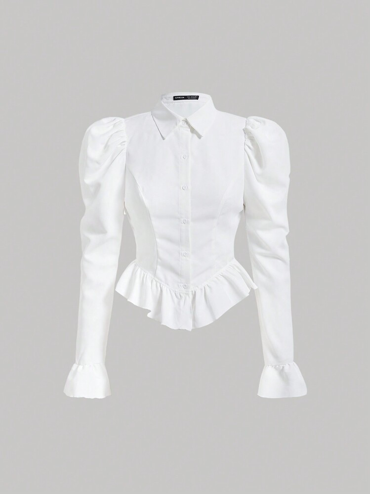 SHEIN MOD Flare Sleeve Ruffle Hem Puff Sleeve White Waisted Blouse,Long Sleeve Tops | SHEIN