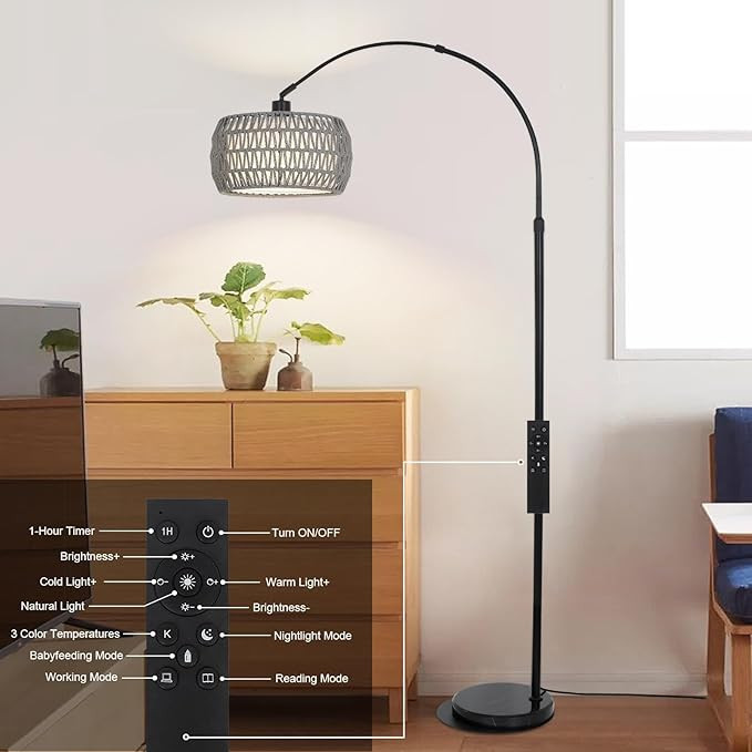 Arc Standing Lamp, Boho Floor Lamps for living room with Remote and LED Dimming Bulb, Rattan Tall... | Amazon (US)