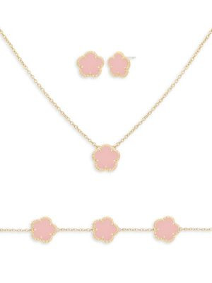 JanKuo Flower 3-Piece 14K Goldplated &amp; Synthetic Blush Studs, Pendant Necklace &amp; Bracelet... | Saks Fifth Avenue OFF 5TH