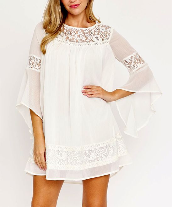 egs by eloges Women's Casual Dresses WHITE - White Lace-Overlay Bell-Sleeve Shift Dress - Women | Zulily