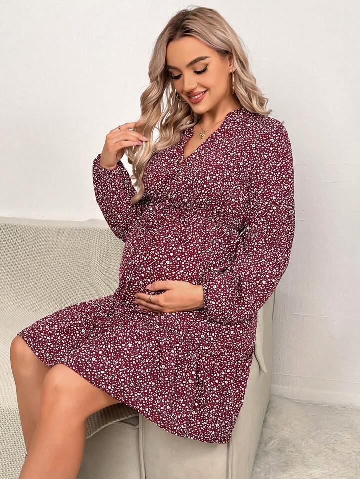 SHEIN Maternity Dalmatian Print Lantern Sleeve Ruffle Hem Dress | SHEIN