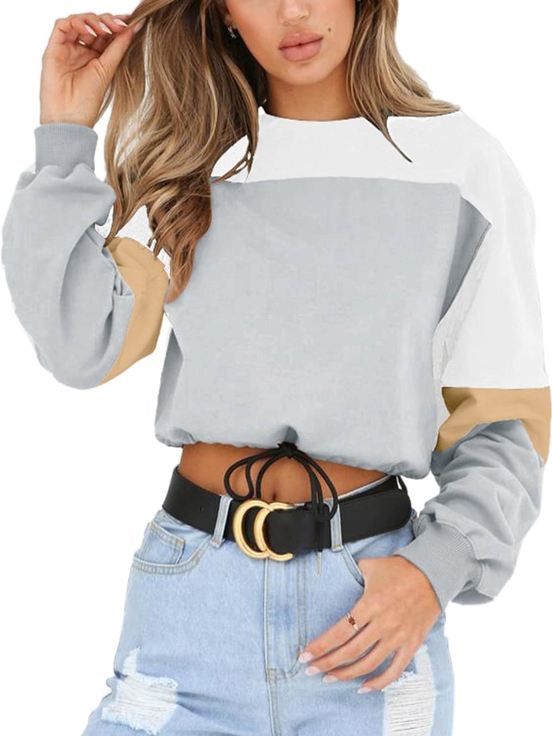 Angashion Womens Sweatshirt-Long Sleeve Drawstring Hem Color Block Crop Top Pullover Tops | Amazon (US)