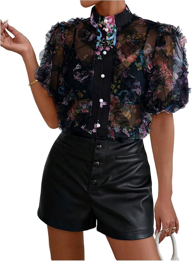 OYOANGLE Women's Floral Print Mesh Sheer Pearl Button Down Blouse Mock Neck Puff Short Sleeve Ruf... | Amazon (US)