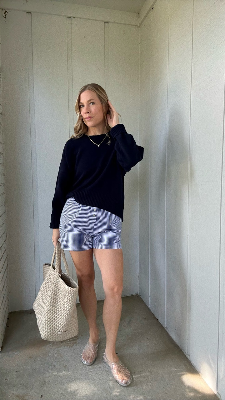 Quince cotton sweater. I sized up to a medium. Donni boxer shorts size small. NAGHEDI tote. Jeffrey Campbell clear jellies. Size up if between sizes. 

#sweater #oversizedsweater #fallstyle #transitionpieces

#LTKStyleTip #LTKFindsUnder50 #LTKOver40