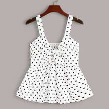 Polka Dot Shirred Tie Front Peplum Top | SHEIN