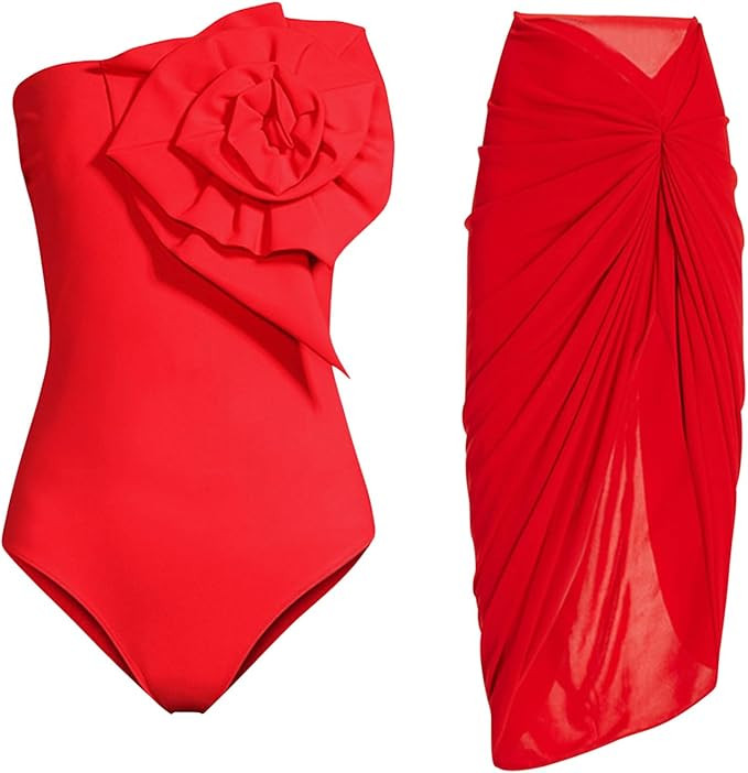 3D Flower Print One Piece Swimsuit for Womens with Beach Cover up Wrap Skirt Sarong Bikini Set Tw... | Amazon (US)