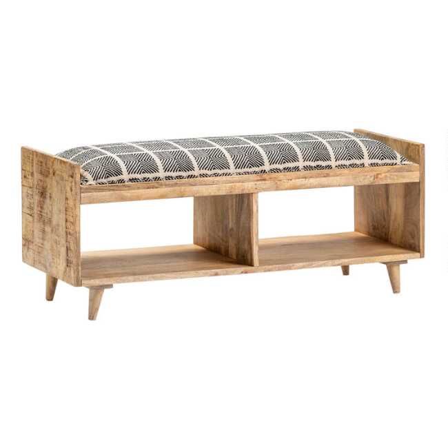 Mango Wood Nelson Upholstered Bench with Shelves | World Market