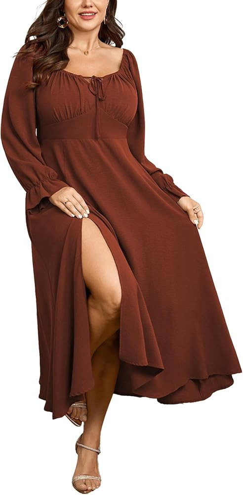 Women's Plus Size Milkmaid Dress Long Sleeve Square Neck Dress A-Line Flowy Maxi Wedding Guest Co... | Amazon (US)