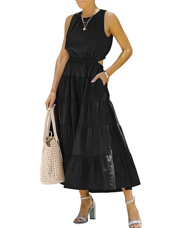 ANRABESS Womens Summer Sleeveless Cutout Maxi Dress Crewneck Tiered Flowy A-Line Sundress with Po... | Amazon (US)