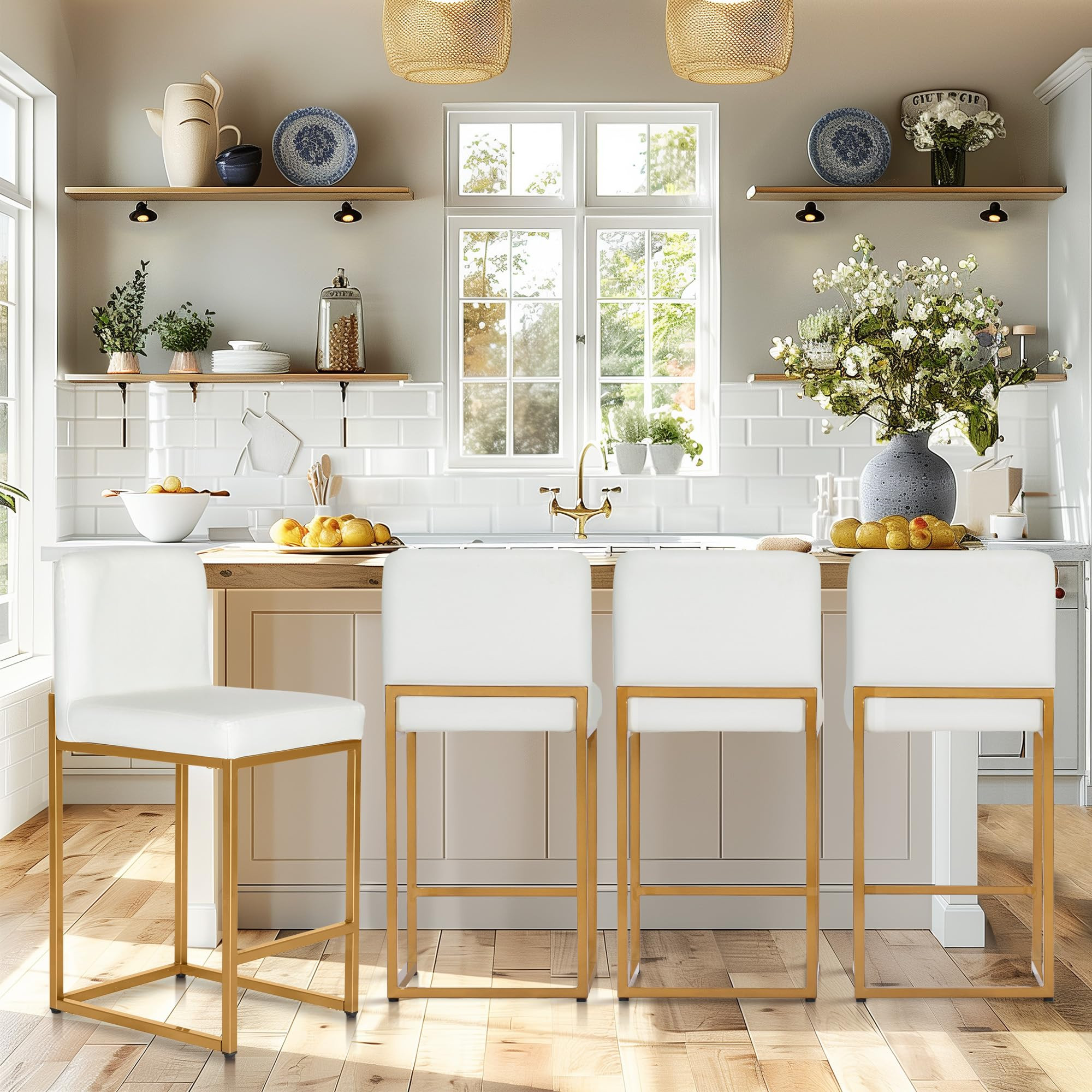 PHI VILLA Bar Stools Set of 4 - Bar Stools with Back Leather Stools for Kitchen Counter, White an... | Amazon (US)