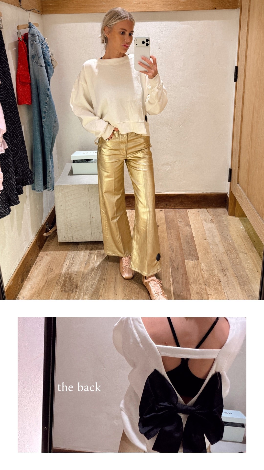 Holiday essentials 🤍🎄 The back of this top is so adorable, & it’s under 100! And the pants are so fun to dress up or down. They run tts. Shoes are also tts 