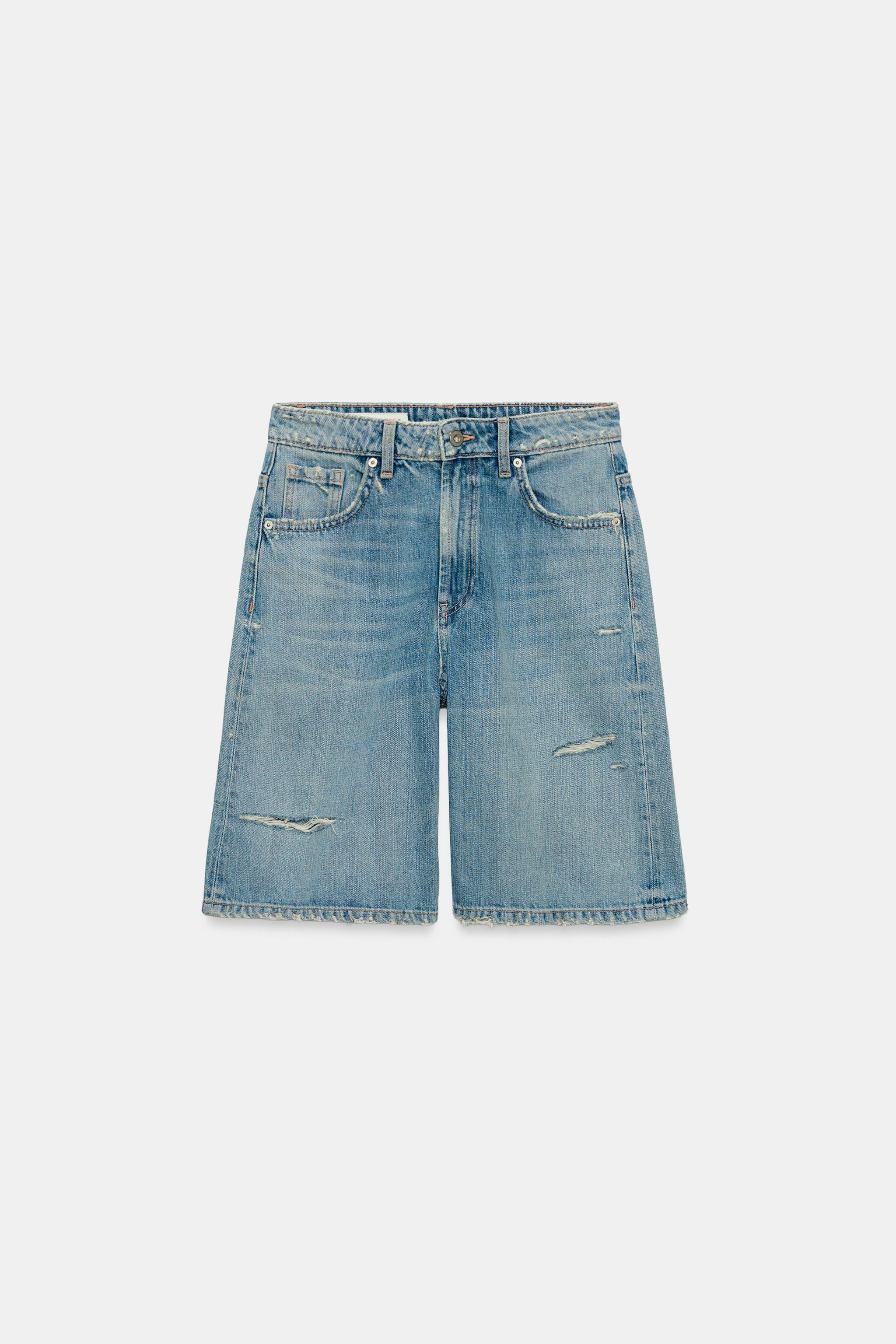 TRF MID-WAIST RIPPED BAGGY DENIM BERMUDA SHORTS | Zara UK