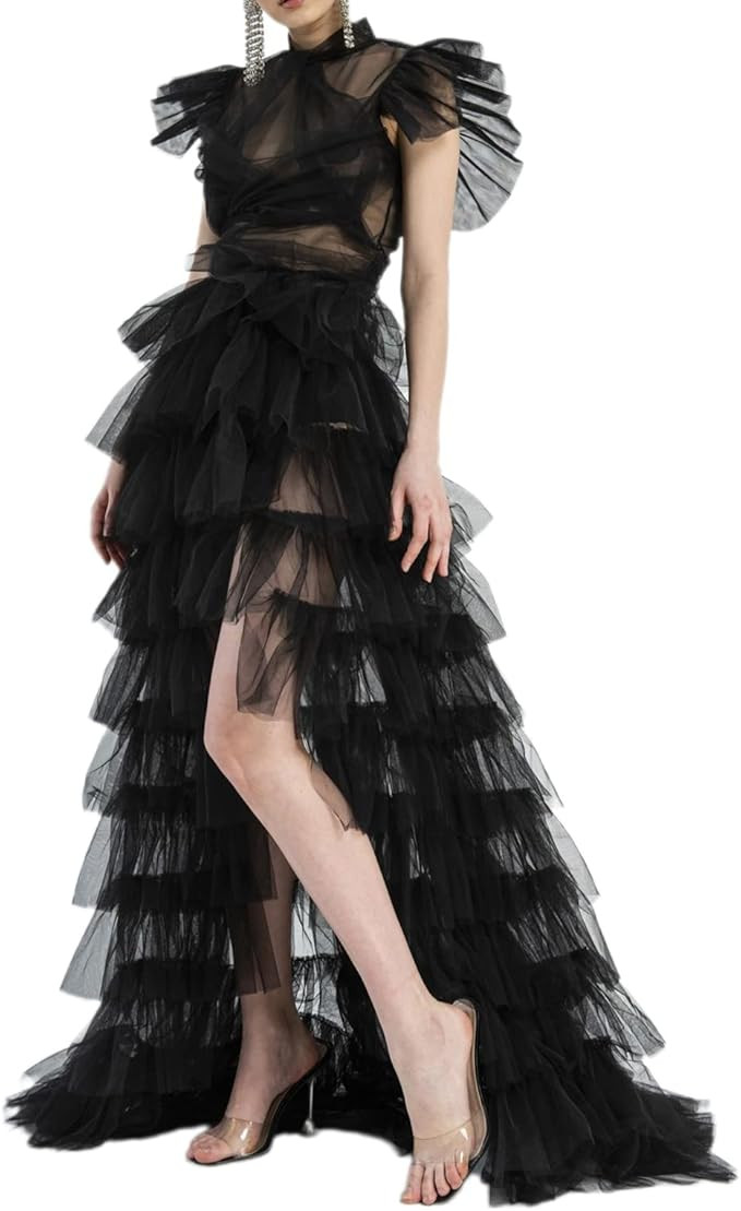Amazon.com: Women's Sheer Tulle Skirt Women's Tiered Length High Waist Irregular Floor Length Coc... | Amazon (US)