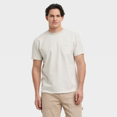 Men's Striped Vintage Short Sleeve Pocket T-Shirt - Goodfellow & Co™ Tan Stripe S: Heavyweight Cotton Crew Pullover | Target