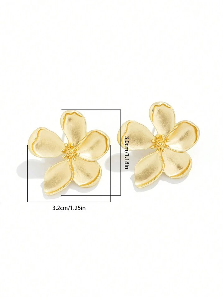 1pair Women's Fashionable Exaggerated Big Flower Earrings, Gold Metal 3D Flower Shaped Ear Access... | SHEIN