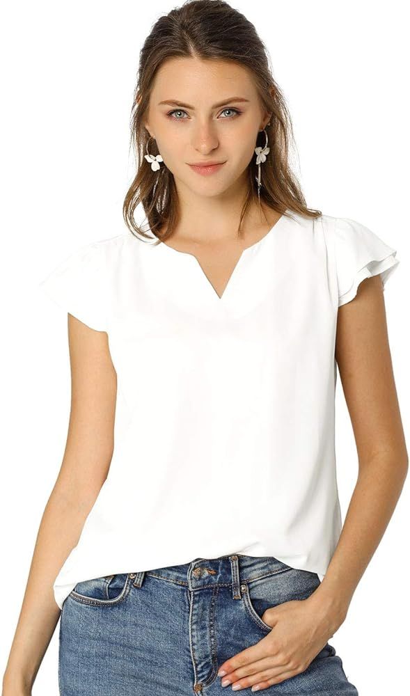 Allegra K Women's Work Business Casual Plain Cap Sleeve Blouse Top | Amazon (US)