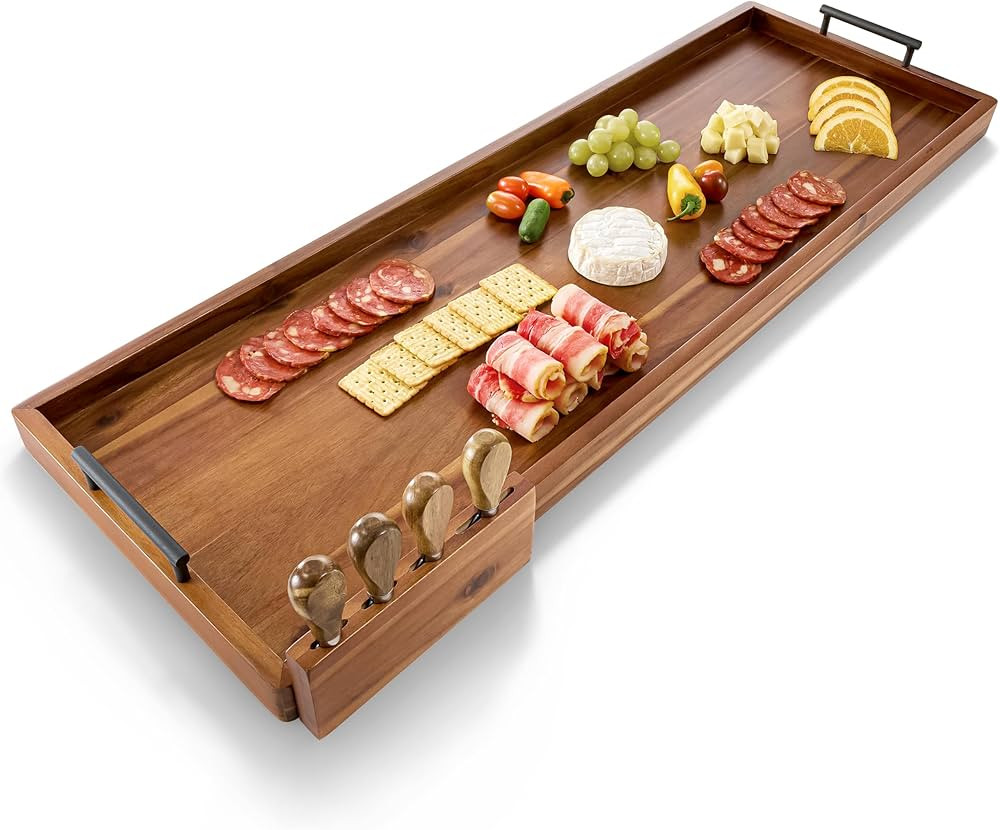 36 inch Large Acacia Wood Charcuterie Board with Metal Handles and 4 Knives Set - Wooden Serving ... | Amazon (US)