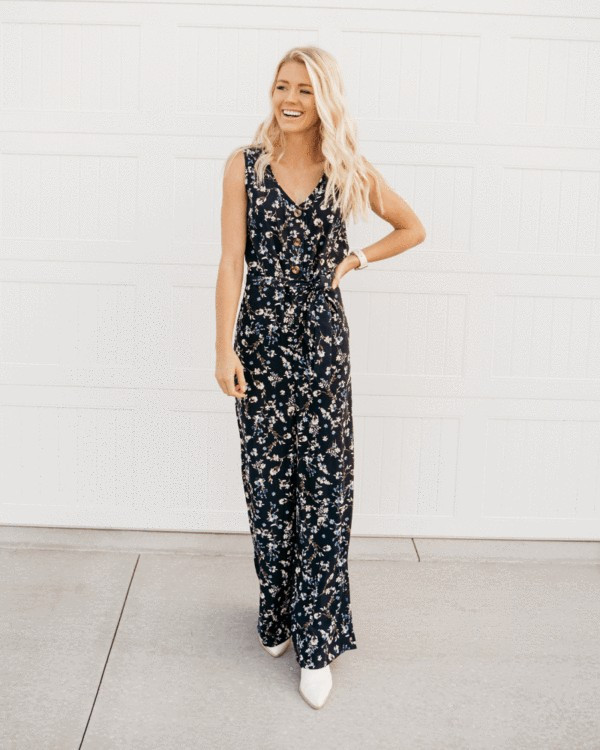 Elsie Button Front Jumpsuit - Navy Floral | Bailey's Blossoms