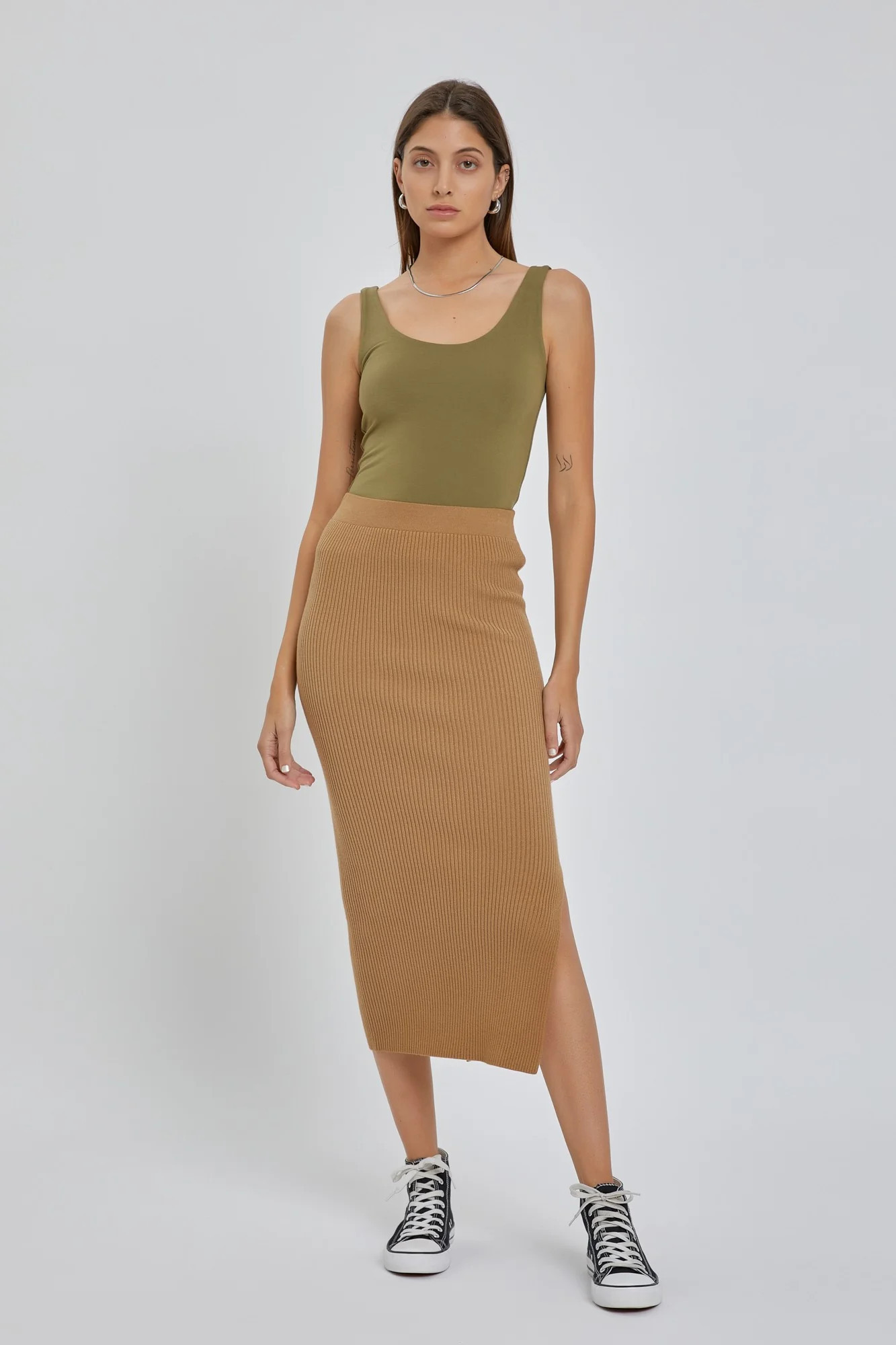 Camel Ribbed Fitted Side Slit Midi Skirt | PinkBlush Maternity