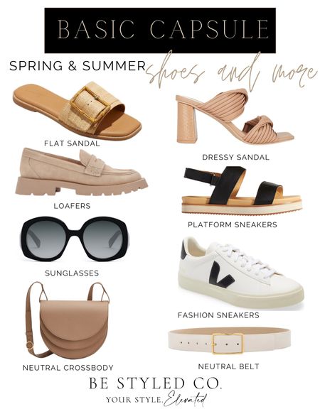 Basic capsule - spring and summer shoes - sandals sneakers - sunglasses - purses - belts - accessories - wardrobe capsule - basics 

#LTKFind #LTKunder100 #LTKshoecrush