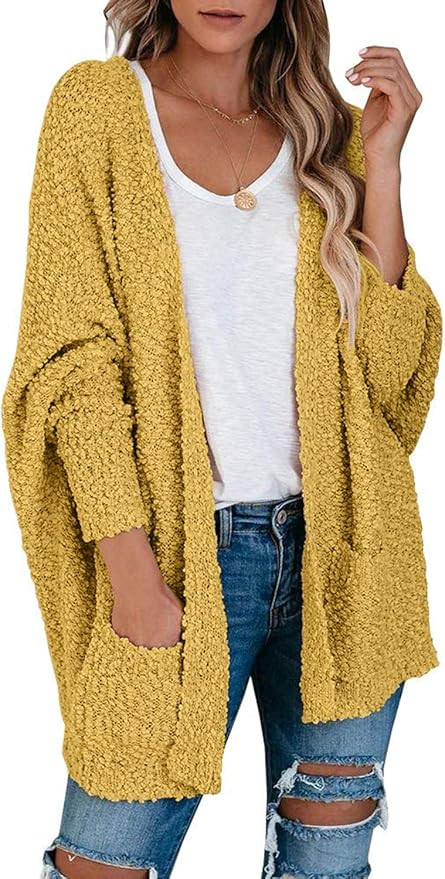 TECREW Women's Fuzzy Popcorn Cardigan Batwing Sleeve Open Front Chunky Pockets Sweater Outwear | Amazon (US)