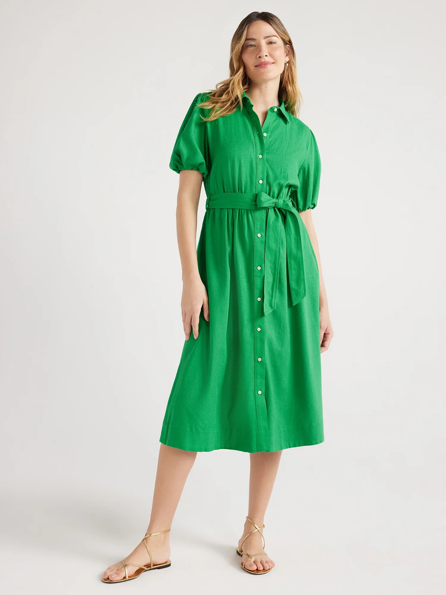 Free Assembly Women’s Midi Shirtdress with Puff Sleeves, Sizes XS-XXL | Walmart (US)