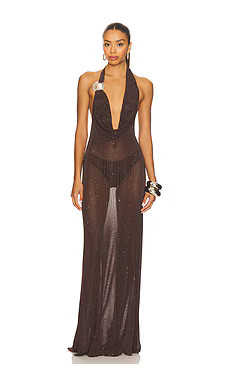 Jaded London Knitted Trim Plunge Dress in Brown from Revolve.com | Revolve Clothing (Global)