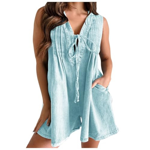 Women's Sleeveless V Neck Shorts Denim Romper Tie Front Ruffle Jean Short Overall With Pocket | Amazon (US)