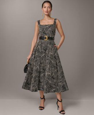 Women's Square Neck A-Line Midi Dress with Polyurethane Belt | Macy's