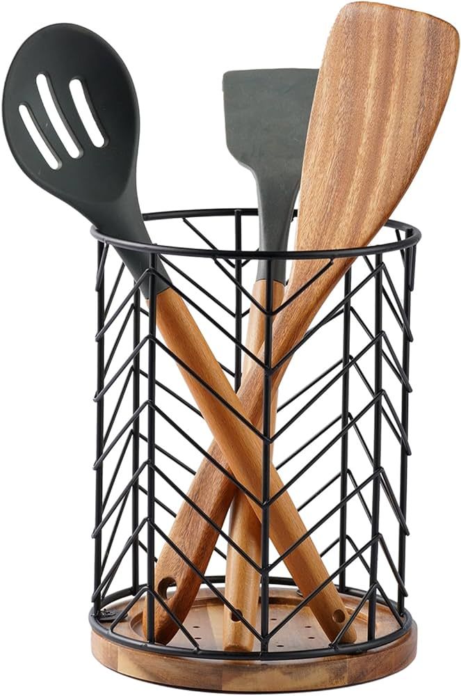 Large Kitchen Utensil Holder for Kitchen Counter- 6”x 6”x 7.5” Black Round Utensil holder W... | Amazon (US)