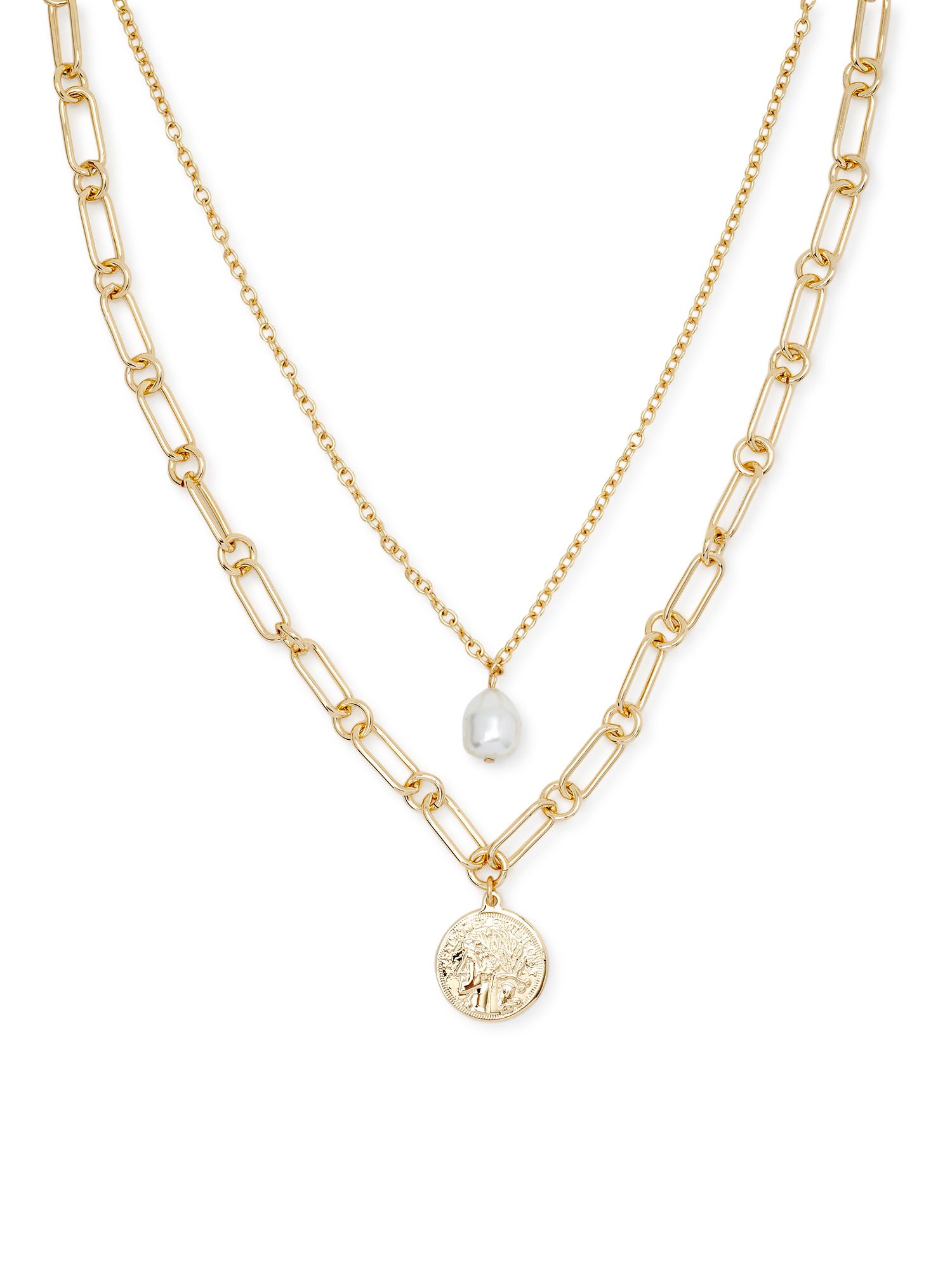 Scoop Womens Brass 14KT Gold Flash-Plated Medallion and Imitation Pearl Layered Necklace Set, 2-P... | Walmart (US)