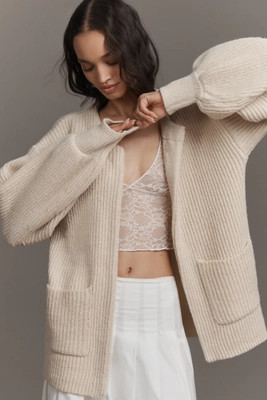 Flat White Cozy Crew-Neck Cardigan Sweater | Anthropologie (US)