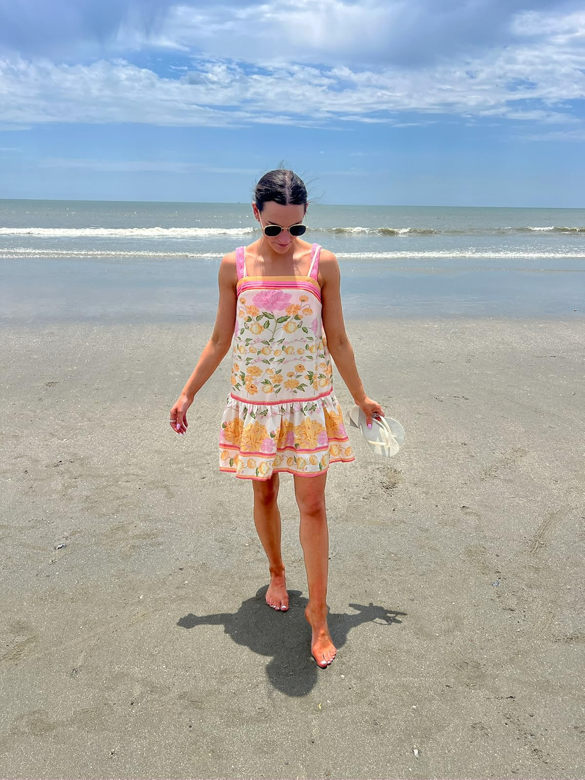 Charleston outfit / summer outfit- dress in XS, sandals sized down a full size!
Floral sundress/flipflops/sunglasses 

 #LTKSummerEdit #LTKPetite #LTKFindsUnder50