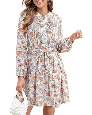 Dokotoo Womens Floral Boho Dress 2024 Casual Crewneck Button Long Sleeve Empire Waist Belted Flow... | Amazon (US)