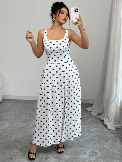 Elenzga Plus Size Women's Spring/Summer Elegant Casual French Style U-Neck Ruched A-Line Dress With Polka Dot Pattern, Loose Fit Vacation Wear | SHEIN