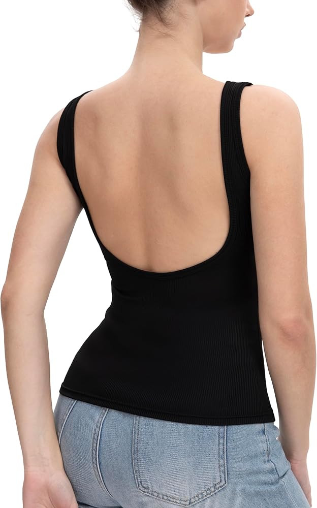 Ribbed Tank Tops for Women with Built in Bra, Open Back Sexy Y2K Going Out Summer Fitted Sleevele... | Amazon (US)