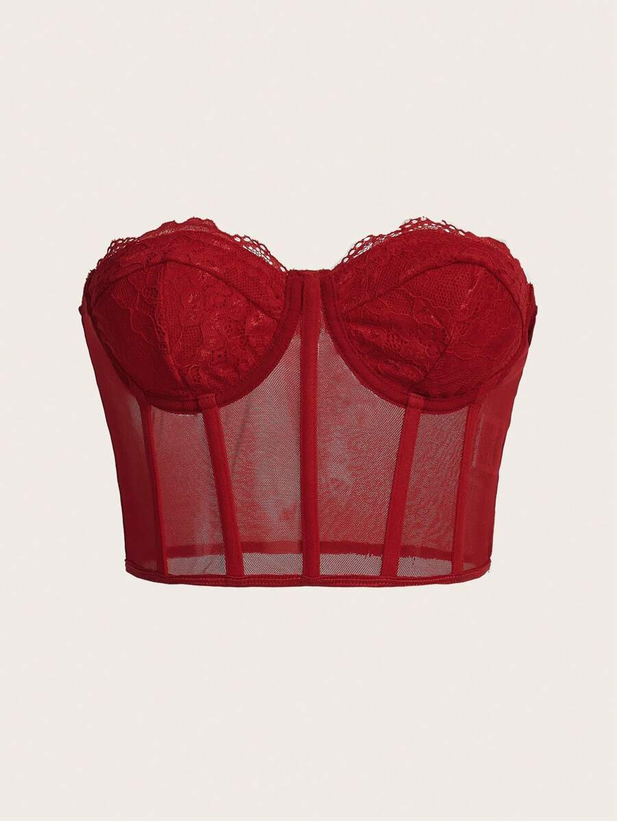 SHEIN X Mirella Santos SHEIN ICON Black Corset Lace Insert Backless Bustier Crop Mesh Tube Top | SHEIN