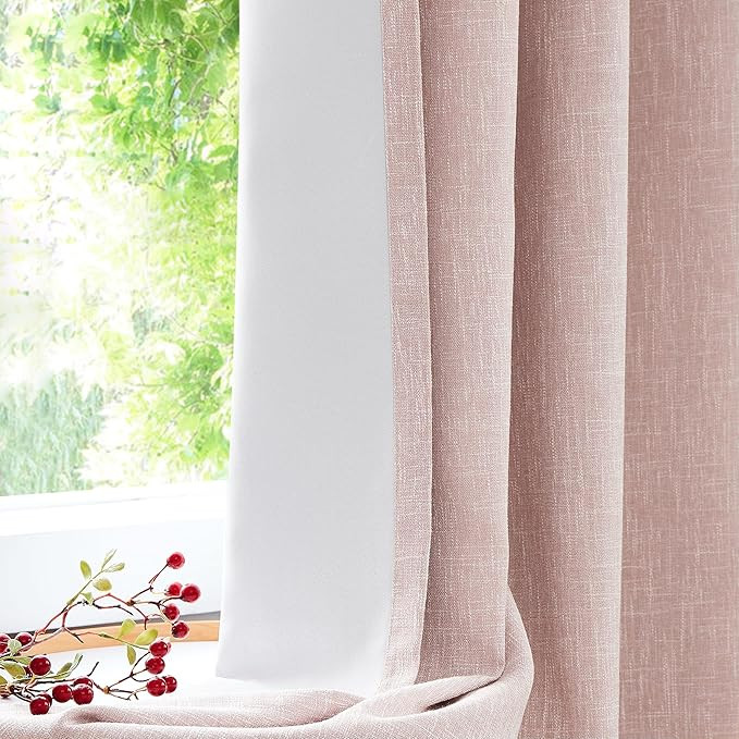 Pink Solid Blackout Curtain Heavy Linen Texture Window Treatment Panel for Bedroom Noise Reducing... | Amazon (US)