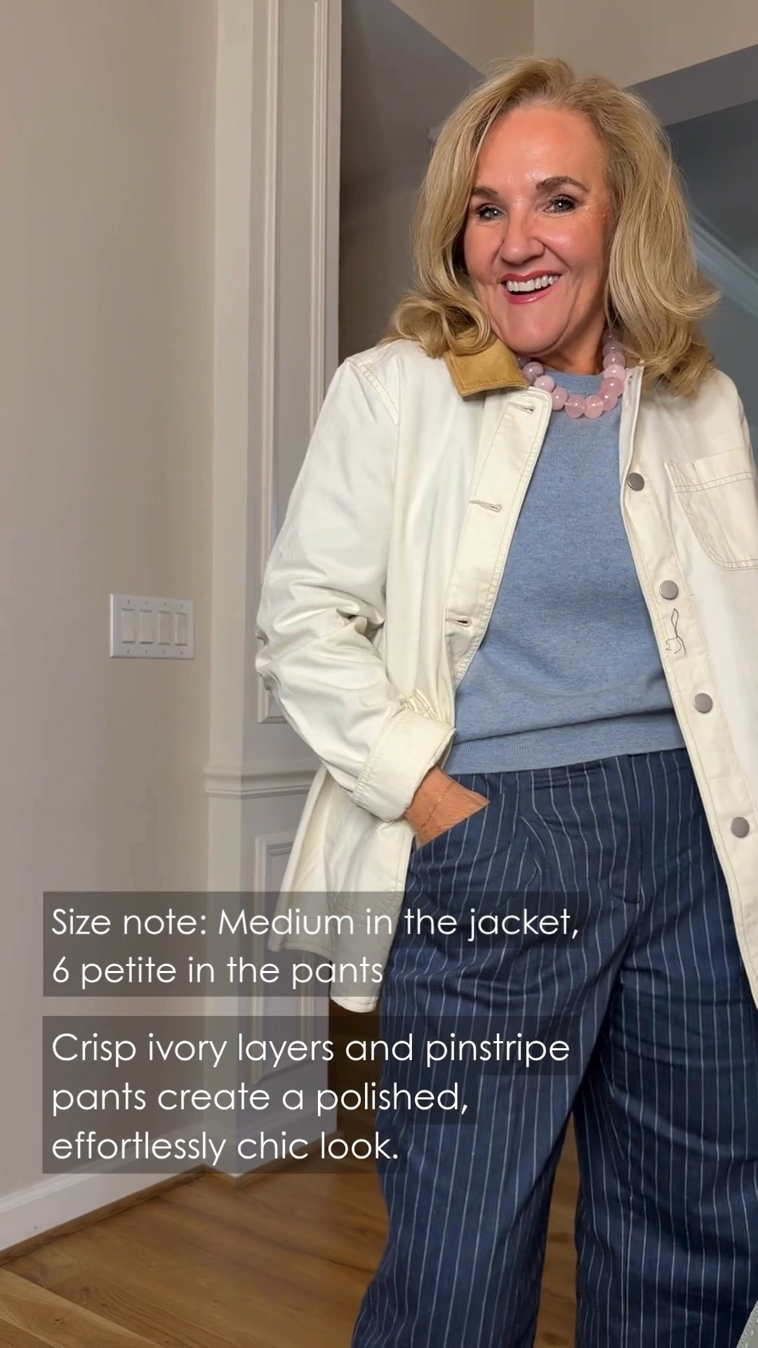 This cream utility jacket and navy pinstripe pants are an easy way to look polished and comfortable. The soft blue sweater adds a pretty pop of color and keeps the layers effortless.

💡 LTK MADE EASY
❤️ Heart = Support my posts!
🔖 Save = Get sale & restock alerts
📋 Lists = Keep favorites organized
📲 Share = Send lists and products to a friend. Hello, Christmas List!
💬 Comment = Ask me anything about what I'm wearing.:-)

#LTKootd #LTKTravel #LTKOver40