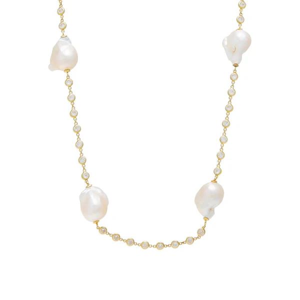 CZ Bezel Chain Baroque Pearl Necklace | Adina Eden