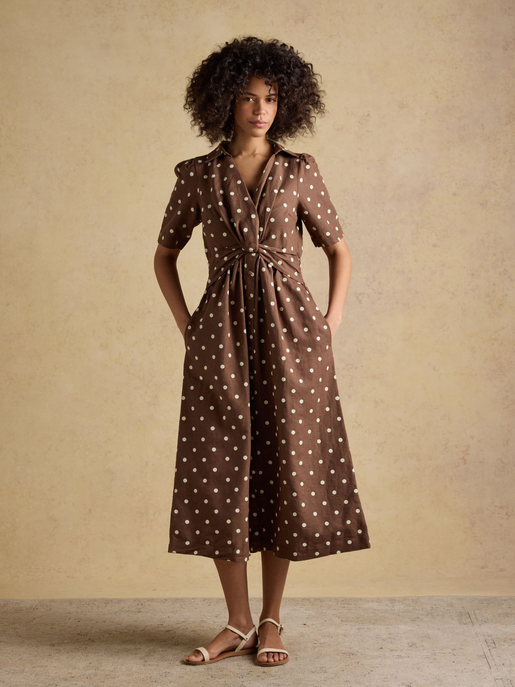 Marina Brown Polka Dot Midi Linen Blend Dress | Joules | Joules
