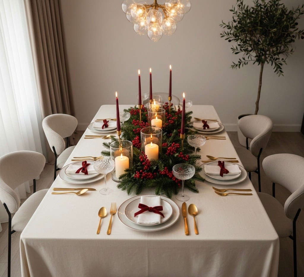 Hosting season is officially here! Keeping it classic this year with deep burgundy velvet bows, gold flatware, and a lush evergreen centerpiece. This look is all about "cozy elegance"—perfect for a Christmas Eve dinner or a winter dinner party.

#LTKHoliday #LTKSeasonal #LTKHome