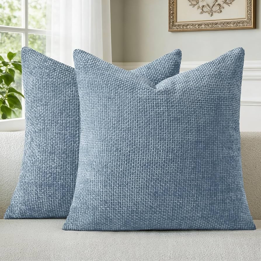 a moment Blue Chenille Throw Pillow Covers 18x18 Inch Pack of 2 Modern Decorative Throw Pillow Co... | Amazon (US)